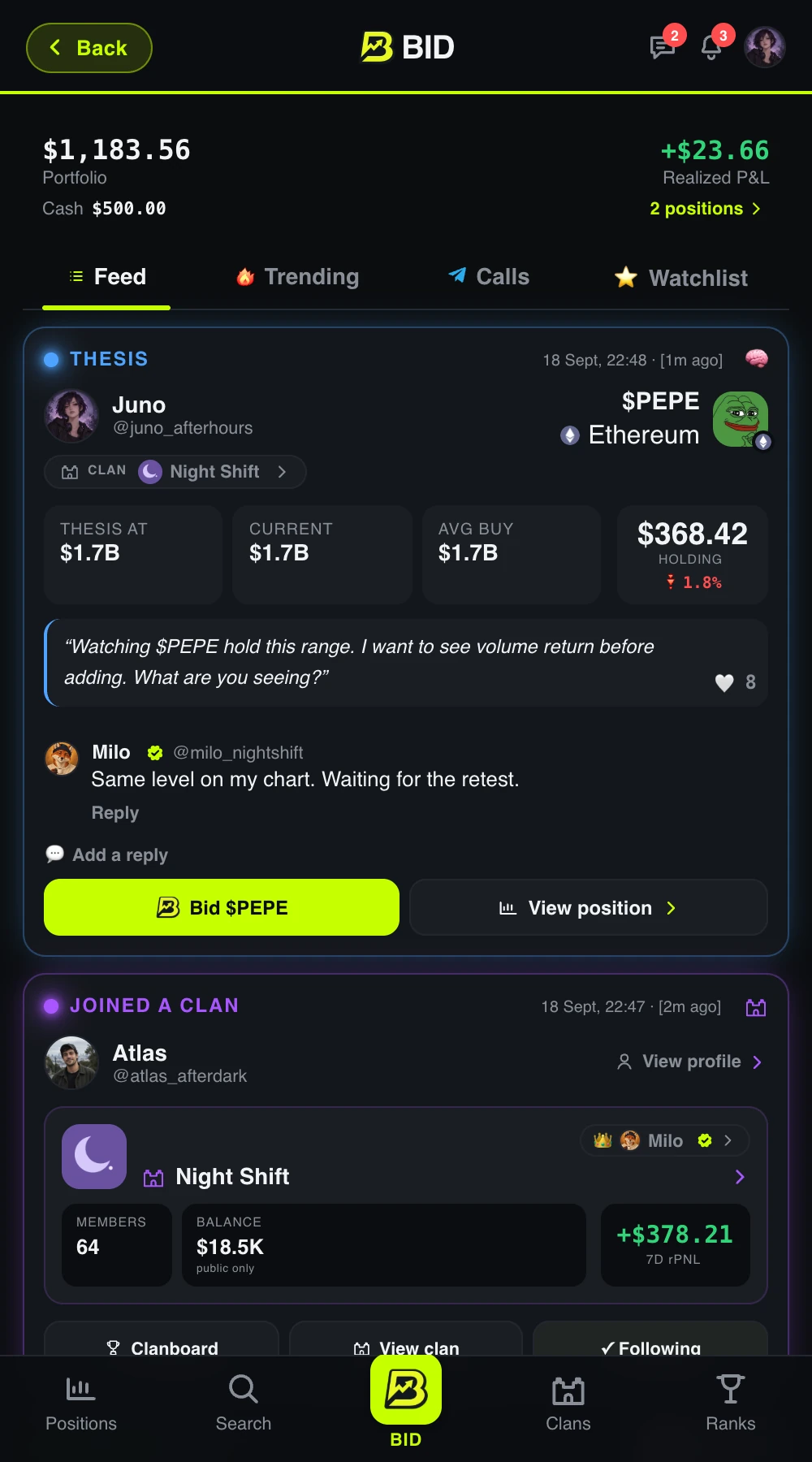 BID feed demo showing Juno’s PEPE thesis, a reply from Milo and Atlas joining Night Shift